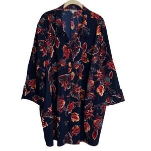 Catherines Womens Blouse 4X Navy Red Floral Button Front 3/4 Sleeves Plus Size